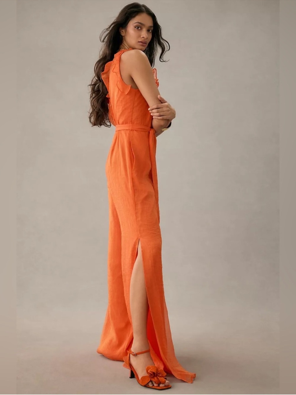 Hutch Tangerine Ruffle Wide Leg Jumpsuit Size 14P Petite NWT - Picture 4 of 11